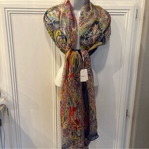 NWT DANA XU 100% Silk Extra Large Wrap Scarf Blue Pink Floral 96.5 /43.5